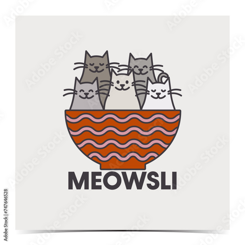 Meowsli - cute greeting card, poster, template, label with with colorful bowl of cat muesli