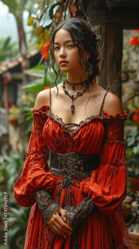 Captivating elegance: a latina woman adorned in authentic mid-century and Victorian era dress, weaving a cultural tapestry of style that transcends time, embracing heritage and timeless fashion.