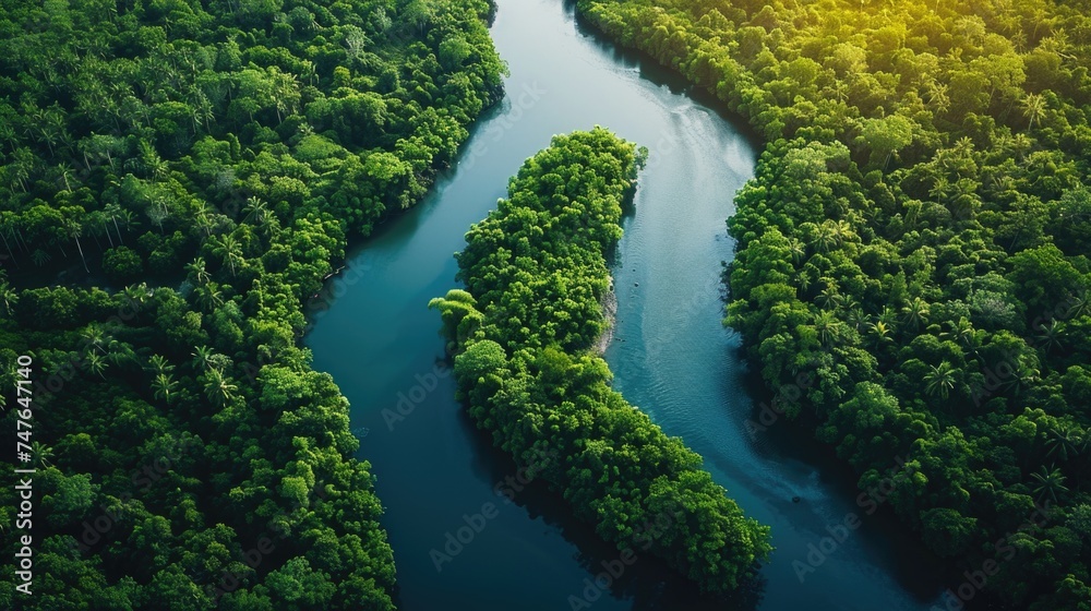 Winding River as a Lifeline in Untouched Rainforest, Sunlight Filtering Through Greenery Winding River as a Lifeline in Untouched Rainforest, Sunlight Filtering Through Greenery