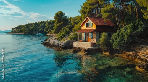 A small house sitting on the shore of a lake