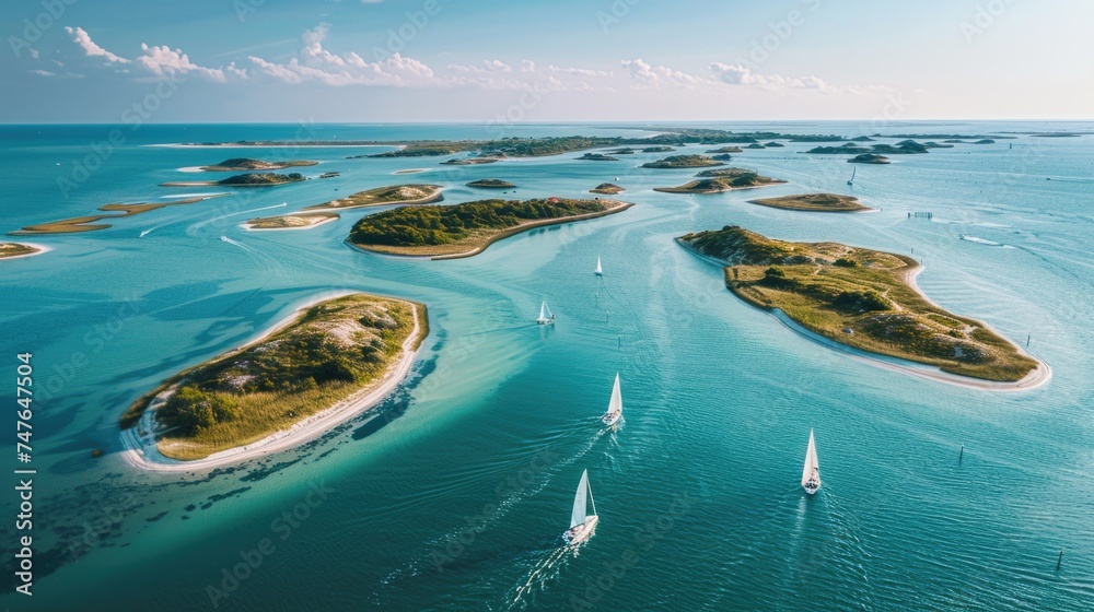 Natural Island Chain in Calm Sea, Sailboats Afloat and Sandy Paths Linking Islands - obrazy, fototapety, plakaty 