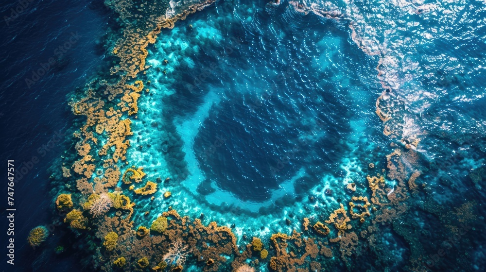 Isolated Circular Atoll Encircled by Coral Reef in a Luminous Turquoise Lagoon
