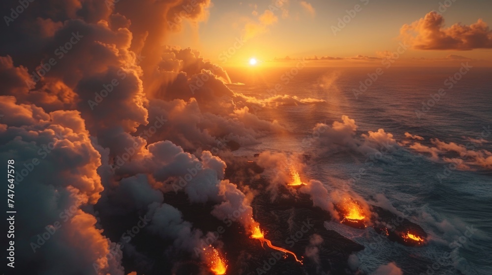 Golden Sunrise Over Volcanic Landscape with Lava Flows and Rising Steam