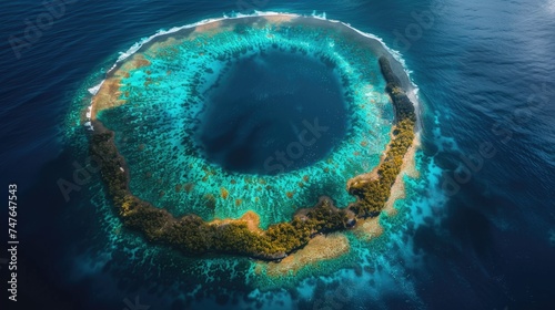 Majestic Circular Atoll with Vibrant Coral Reef and Turquoise Lagoon in Deep Blue Ocean