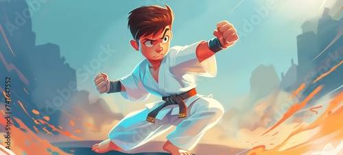 Young karate boy. graphics. Illustration for a child. Smiling, cheerful little boy.
