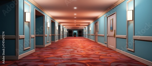 A long corridor within a hotel setting, featuring vibrant blue walls and a luxurious red carpet running the length of the passage.