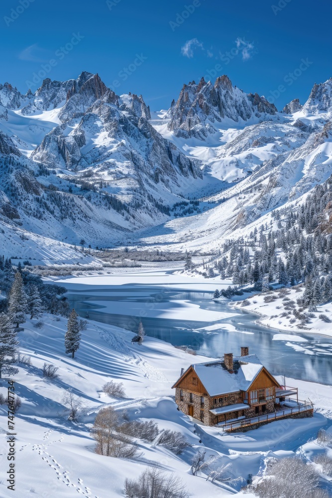 Serene Snow-Blanketed Valley with Frozen Lake and Solitary Cabin
