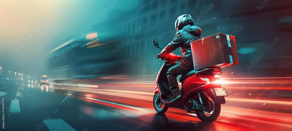 Full length side profile photo portrait of woman delivering big yellow package on red scooter isolated on pastel blue colored background - obrazy, fototapety, plakaty 