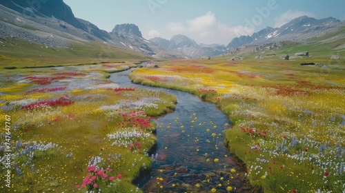 Remote Alpine Meadow in Bloom with Wildflowers and Crystal-Clear Stream