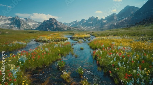 Colorful Wildflower Meadow with Meandering Mountain Stream and Towering Peaks