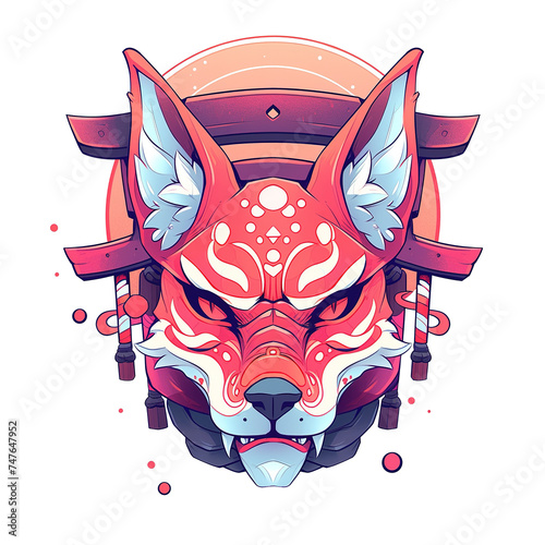 Illustration of a  Kitsune Mask with Torii Japanese, for t-shirt, Sticker, Poster. Vector Illustration PNG Image photo