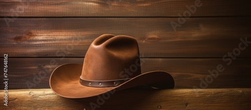 A brown leather cowboy hat is placed neatly on top of a wooden bench. The hat is the focal point  showcasing its classic design and rugged appearance against the simple backdrop.