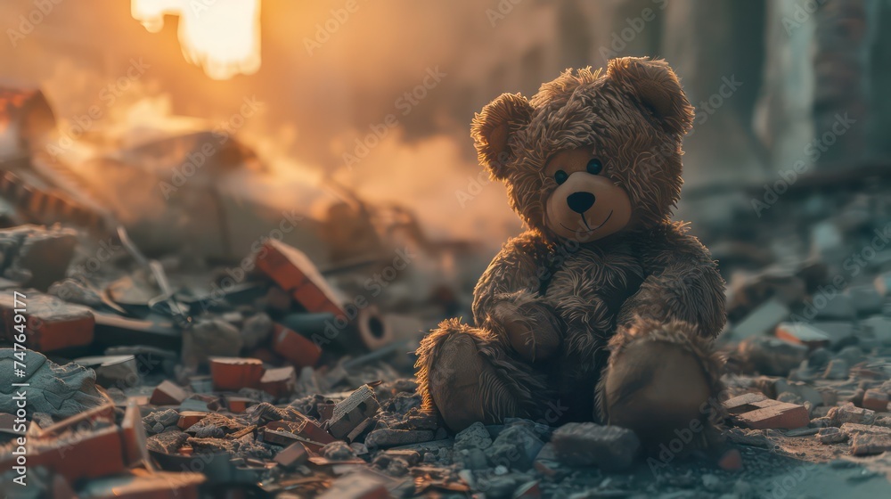 Toy bear in the background of a destroyed city. Destruction after the fighting. Toy bear in the background of a destroyed city. Destruction after the fighting.