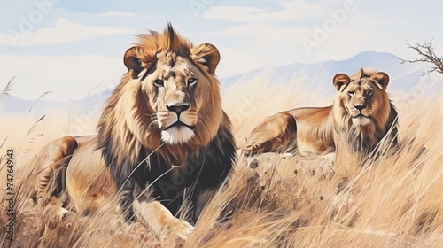 water color style of Group of lions  on the savannah . Generative Ai