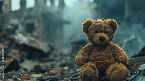 Toy bear in the background of a destroyed city. Destruction after the fighting.