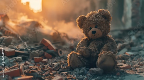 Toy bear in the background of a destroyed city. Destruction after the fighting.
