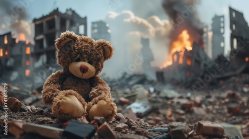 Toy bear in the background of a destroyed city. Destruction after the fighting.