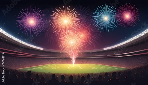 olympic stadium field, Fireworks display over a stadium filled with spectators during an evening event, extremely detailed vector, creative, digital art