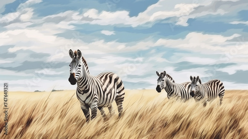 water color style of Group of Zebras on the savannah . Generative Ai