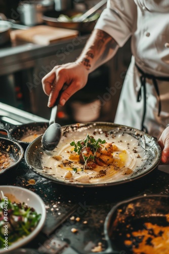 Fototapeta Naklejka Na Ścianę i Meble -  Professional chef plating gourmet dish with precision in busy kitchen