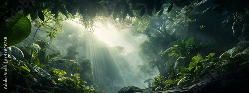 Sunlit Tropical Forest with Lush Vegetation