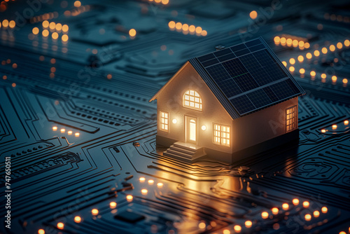 house with rooftop solar on a electronic circuit board. concept of solar energy system