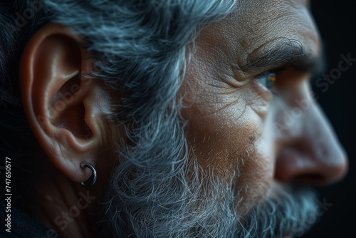 Detail shot of an ear, profile of an old man with a gray beard and wrinkles on his face with hearing problems
