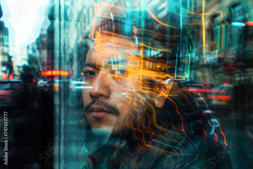 Double exposure street photography portrait of a Latino man in Mexico City, looking at camera