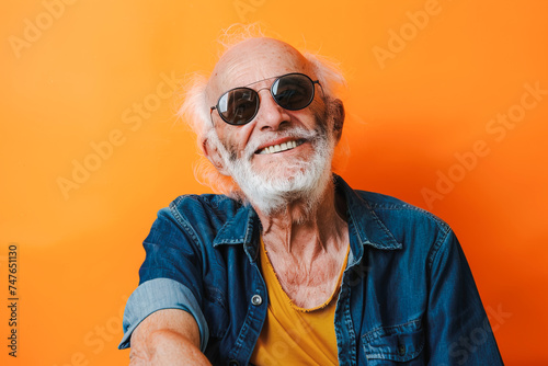 Front view of a happy senior man posing with optimism and sunglasses over colorful orange background © LorenaPh