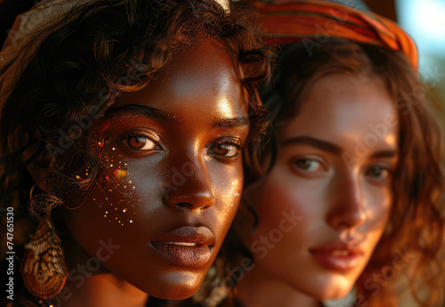 Portrait of two girlfriends with different ethnicities. Concept of friendship, diversity, happiness, togetherness, skin care, cosmetics. 