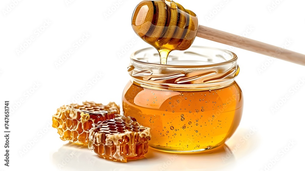 Golden Sweetness: Honey Jar with Honeycomb and Dripping Honey Spool, Capturing the Richness and Natural Beauty of Pure Honey Golden Sweetness: Honey Jar with Honeycomb and Dripping Honey Spool, Capturing the Richness and Natural Beauty of Pure Honey