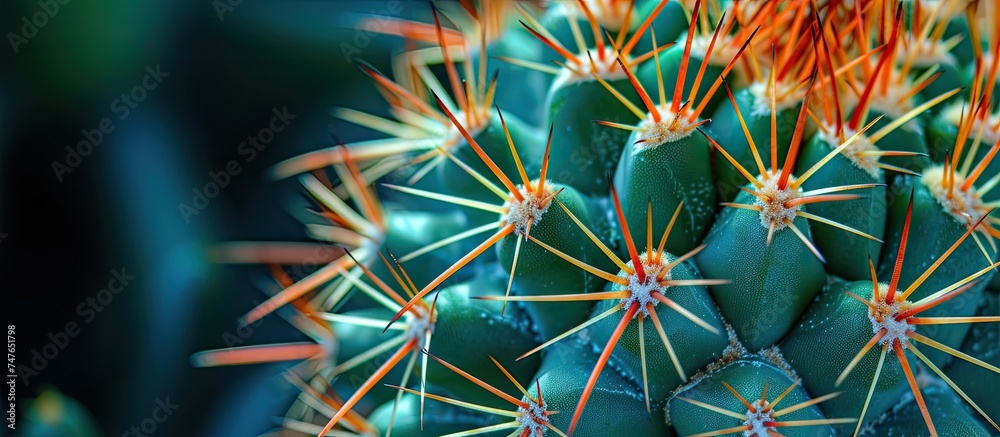 This close-up photo showcases a green cactus with striking orange tips against a vibrant background. This close-up photo showcases a green cactus with striking orange tips against a vibrant background.