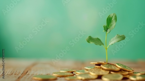 small plant growing on pile of golden coins on table. light green background. ESG concept. generative AI