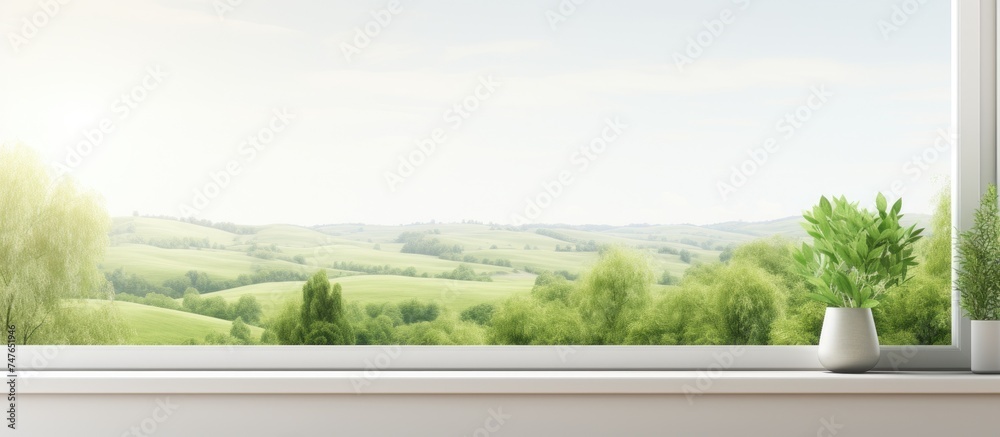 Fototapeta premium A window in a room provides a view of rolling hills, green fields, and scattered trees in the countryside. The scene captures the essence of rural life, showcasing a peaceful and idyllic landscape.
