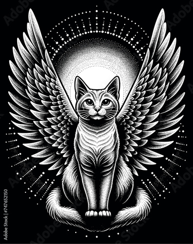 Mystical Winged Cat in Dotwork Style