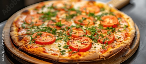 This close-up photo showcases a thin, mouthwatering pizza with a crispy crust, topped with fresh tomatoes, gooey cheese, and special toppings, resting on a rustic wooden stand.
