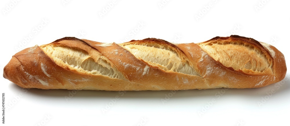 A French egg baguette with slices cut out, displayed on a white background with a French twist.
