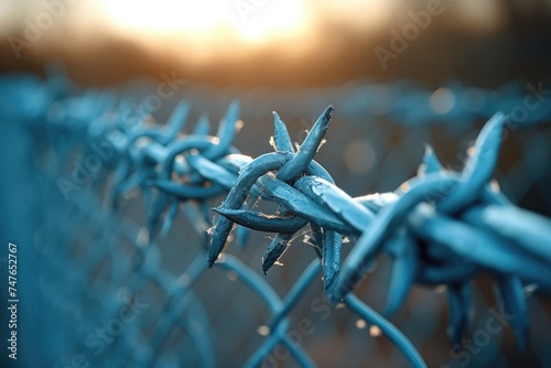 Modern barbed wire background design. Border fence photo