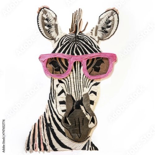 A close up of a zebra wearing sunglasses  embroidery on white background