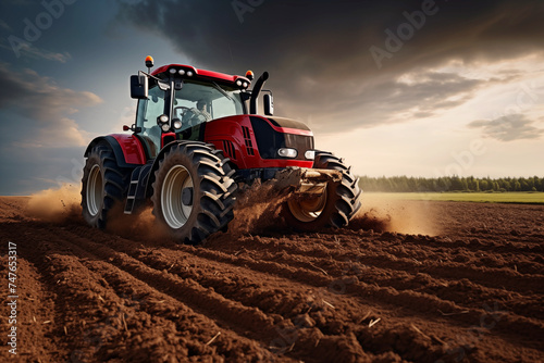Land that is being cultivated in field at preparation stage of spring prior to sowing is plowed by tractor AI Generation