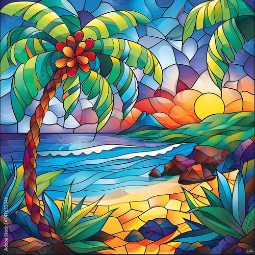 Wallpaper Mural Island Serenity: Stained Glass Art of a Tropical Island with Trees and Beach Torontodigital.ca