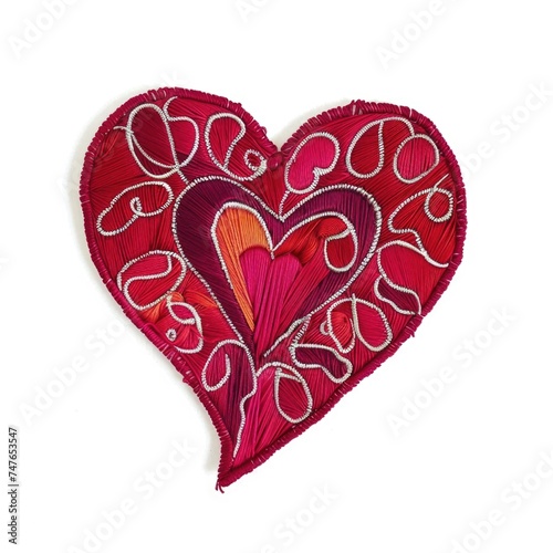 A red heart with the word love written on it, embroidery on white background