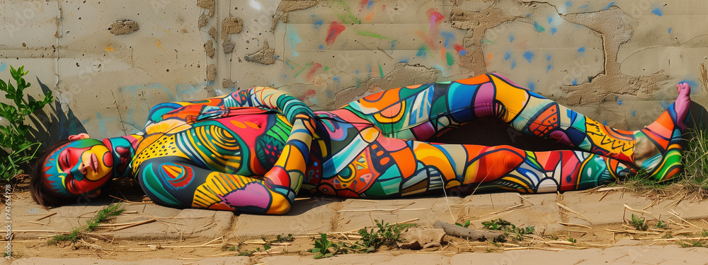 Fototapeta premium A person's body transformed into a canvas adorned with vibrant street art, showcasing the merging of personal identity and urban creativity. Generative ai.