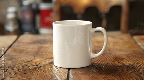Morning Calm: Close-Up Photograph of a White Coffee Mug on a Wooden Table