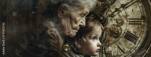 A child and an old woman merged with the hands and mechanism of a vintage clock, representing the fusion of human presence and the passing of time. Generative ai.