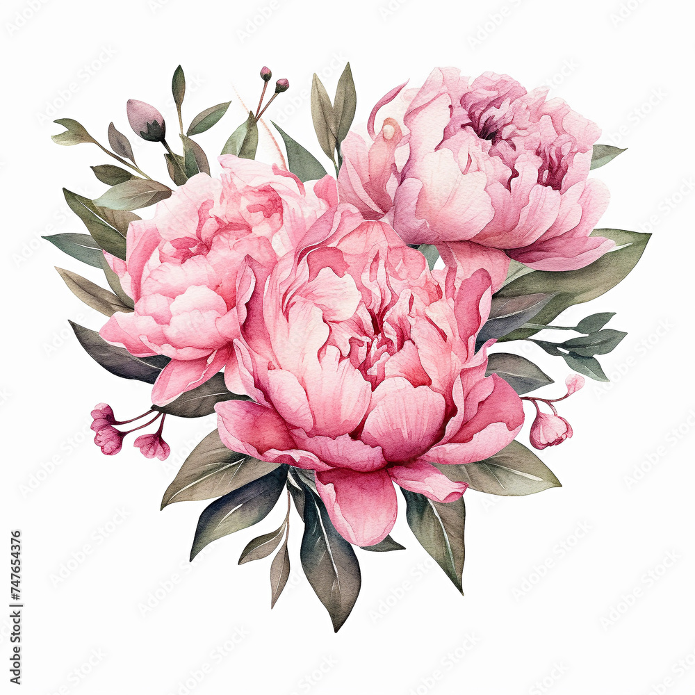Flower illustration, pink watercolour peony on a white background. Wedding bouquet