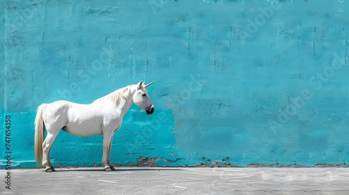 Enchanted Presence  Gorgeous White Unicorn Against a Big Blue Wall