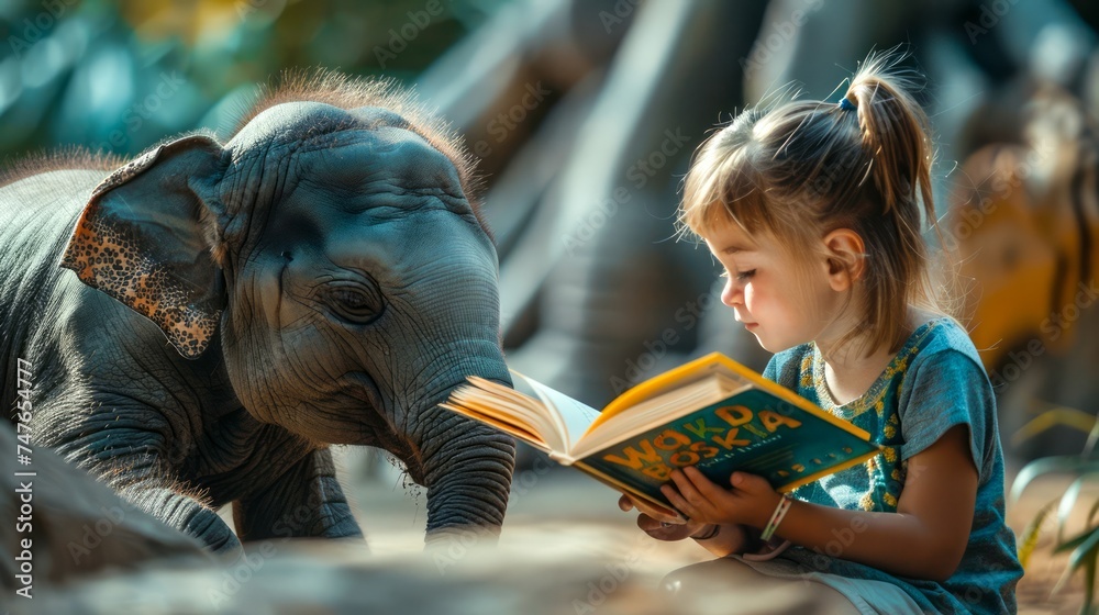 Young Girl Reading Storybook to Attentive Baby Elephant in Warm Sunlit Nature Setting, Friendship Between Human and Animal
