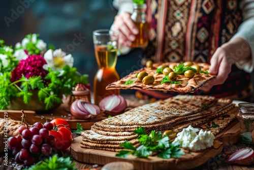 Traditional Mediterranean Feast with Variety of Fresh Foods, Breads, Olives, and Grapes on Rustic Table