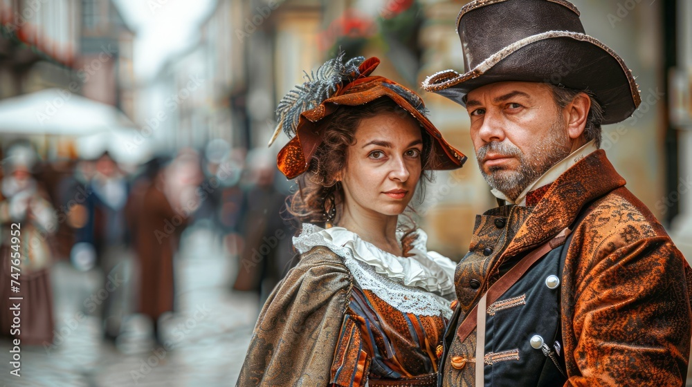 Elegant Couple in Historical Costumes Posing in Cobblestone Street Setting, Period Reenactment Scene with Authentic Attire